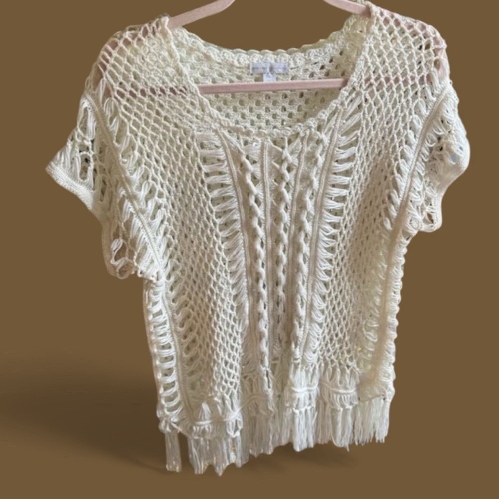 New York Company Cream Crochet Fringe Top Short Sleeve Boho Beach Cover Up